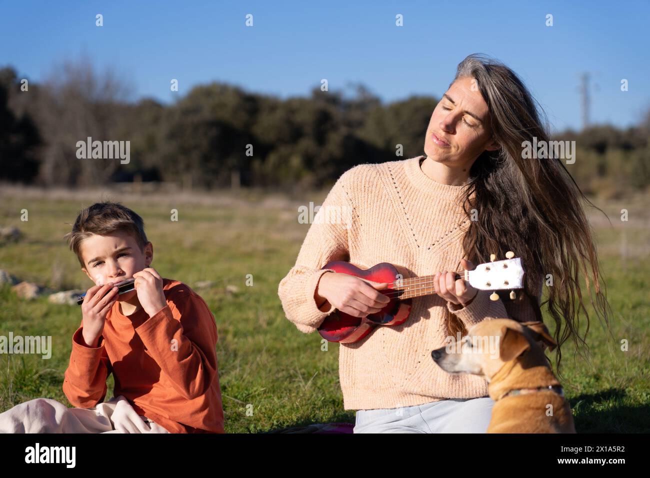 Mother and son playing instruments in nature, ukulele and harmonica ...