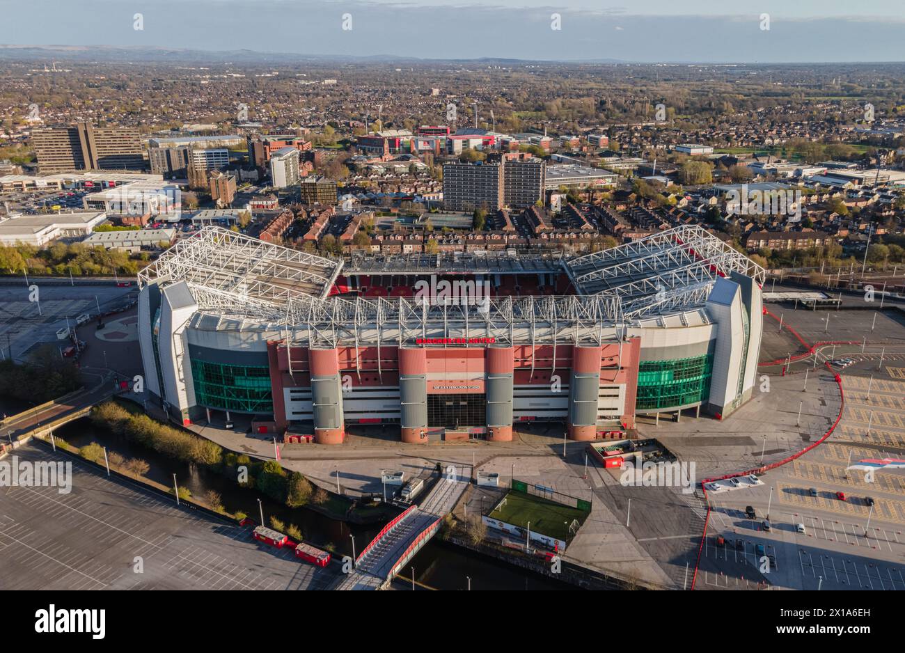 Old Trafford, Manchester United Football Club with Old Trafford Cricket Ground in the back drop. Stock Photo