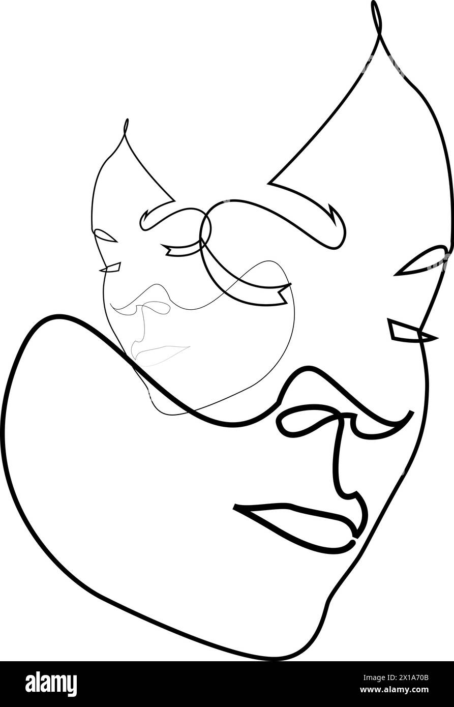 One line drawing of two faces - one inside the other. Abstract art vector illustration Stock Vector