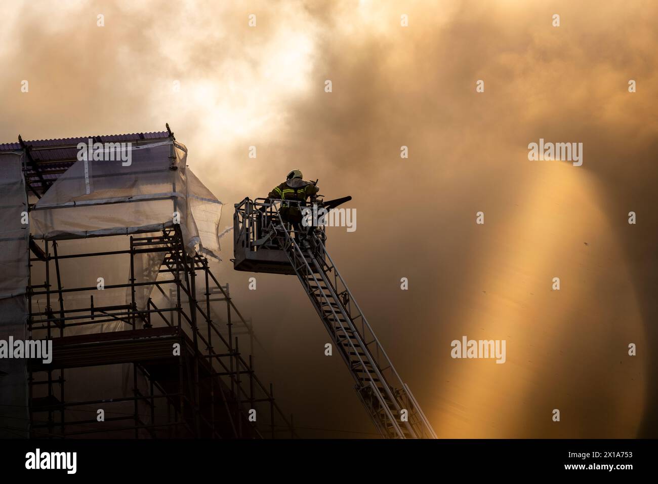 Copenhagen, Denmark. 16th Apr, 2024. Fire in the historic building Boersen in Copenhagen Tuesday, April 16, 2024. Credit: Ritzau/Alamy Live News Stock Photo