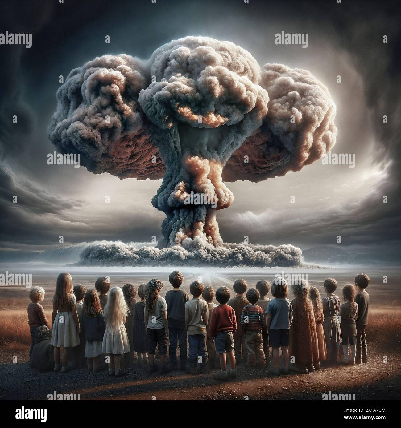 Illustation of a group of children watching as a nuclear mushroom cloud ...