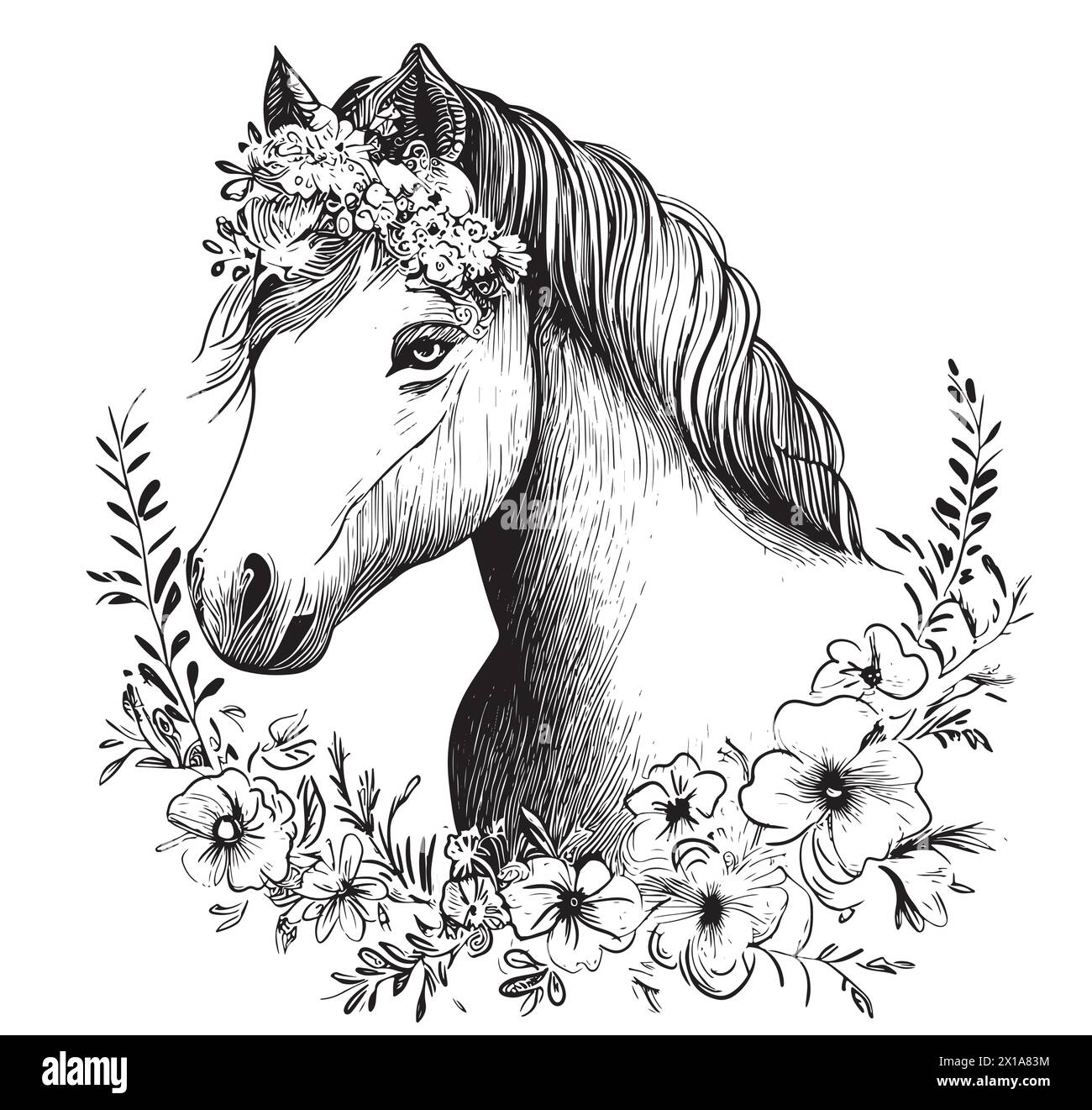 Male Horse in floral crown Sketch in Black and White Stock Vector