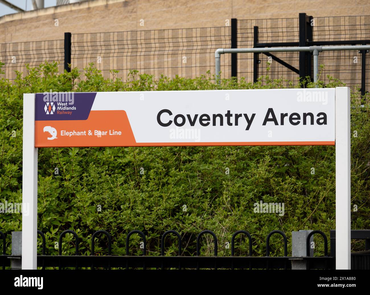 Coventry Arena railway station sign, Coventry, West Midlands, England, UK Stock Photo