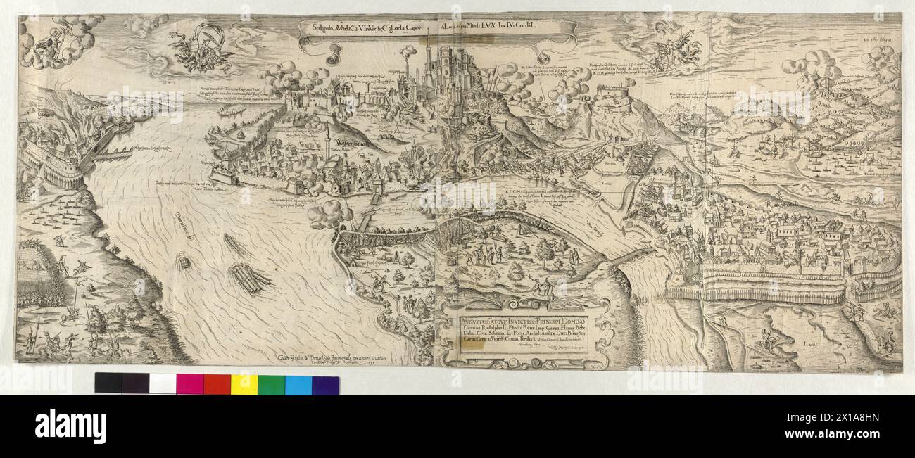 Recapture of Esztergom 1595, view of the city and the surroundings from the auspice. etching by Wolfgang Meyerpeck, 1595 - 15950101 PD0061 - Rechteinfo: Rights Managed (RM) Stock Photo