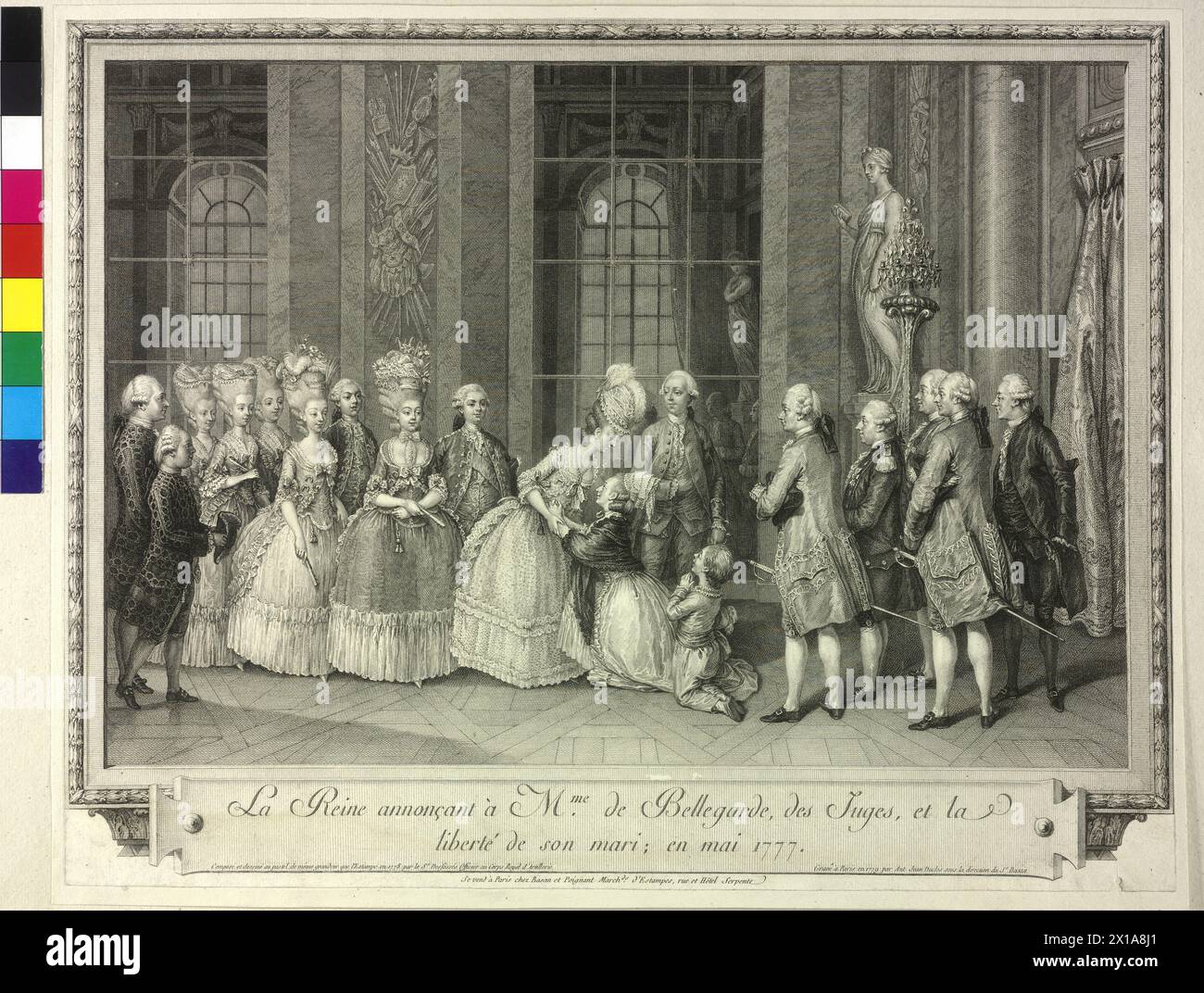 Queen Marie Antoinette annunciate Madame de Bellegarde 1777 the release of her spouse, engraved etching by Antoine Jean Duclos based on a pastel work by Charles Henri Desfossés from the years 1778. - 17790101 PD0018 - Rechteinfo: Rights Managed (RM) Stock Photo