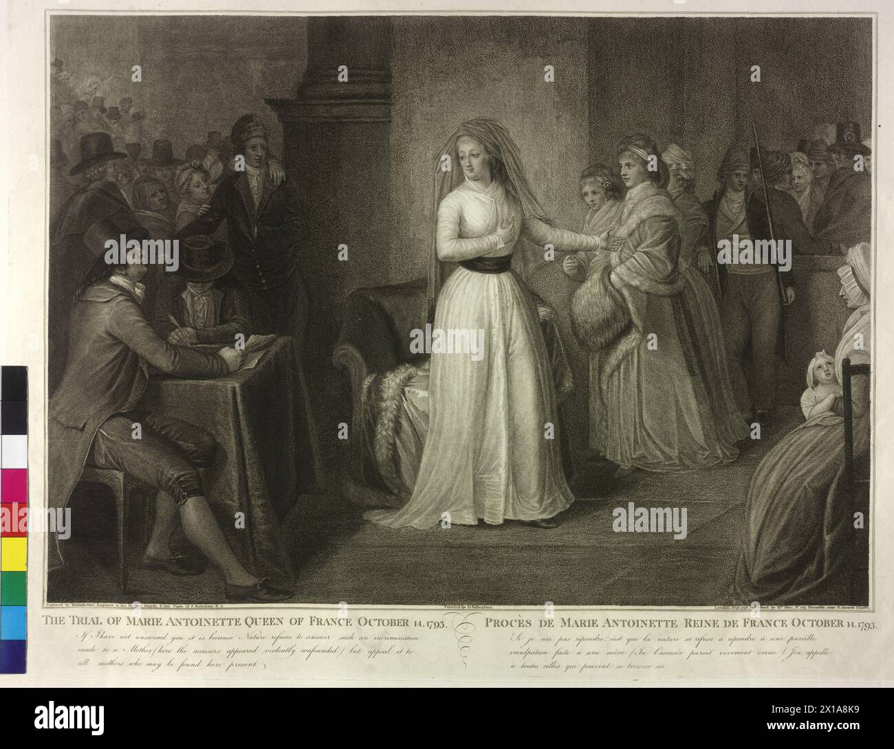 The trial against Queen Marie Antoinette on the 14th October 1793, etching / stippling by Mariano Bovi to Domenico Pellegrini partition a series 'A graphic history of Louis the sixteenth, and the royal family of France' Marie Antoinette was during of the action because of high treason and fornication the accused. they standing in front of two men (The prosecutor), the right at a table sitting. they deploy oneself appeal The appeal they elevate rebuke. one hand hast they at theirs pectoral superimpose, with the another knowing they on two women, The on the right of her standing. on the right an Stock Photo