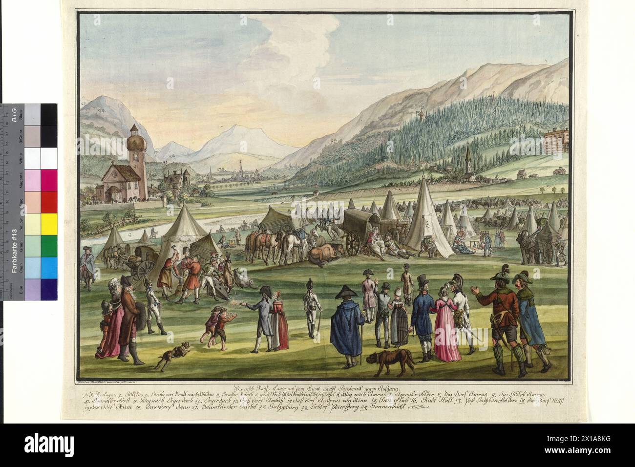 Imperial Russian encampment on the Neurauth at Innsbruck 1799, scene from the 2nd coalition war, alliance of Austria, Russia and England against Napoleon encampment of the Russian army of help at Innsbruck, 26.9.1799, in the foreground bourgeois and peasants as observer and visitor, view into Inn Valley against sunrise, on the left church of Pradl, city reverberation, on the right village Amras and castle ambergris. further details draw in places: Egerdach, Ampass, Rinn, Mils, rum, Volders, Baumkirchen, Thaur painted in watercolors pen drawing in sable on cardboard by Jacob Placidus retired mo Stock Photo