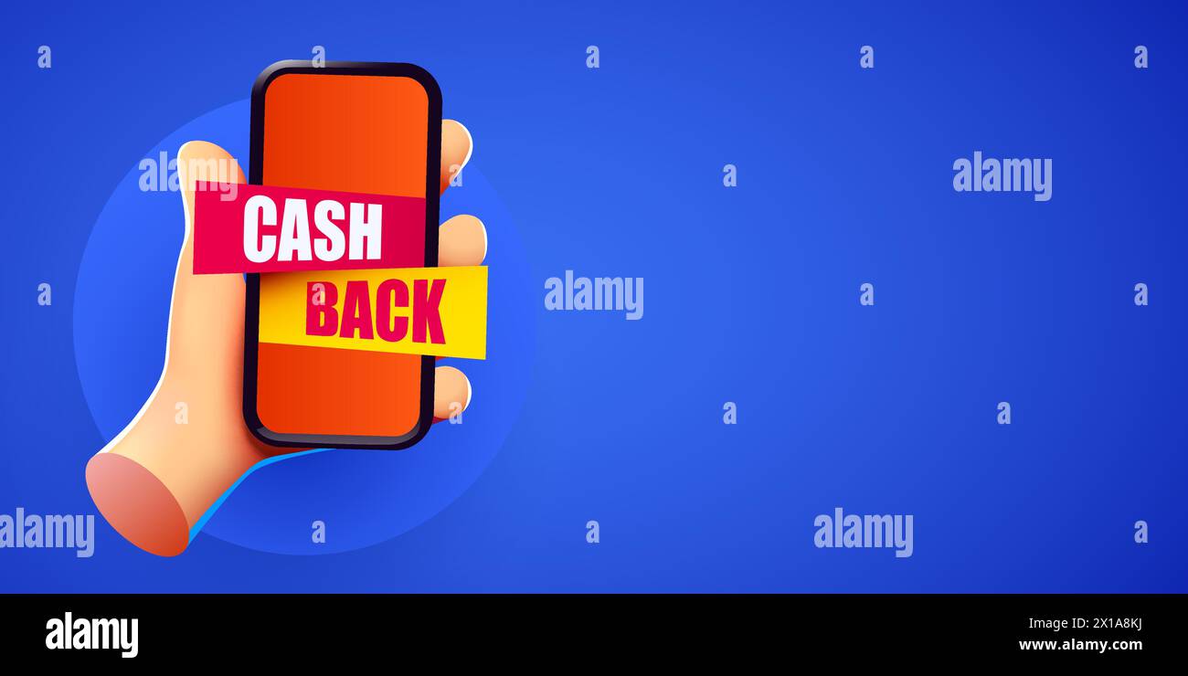 Hand holding smartphone with cashback label. Money back. Online