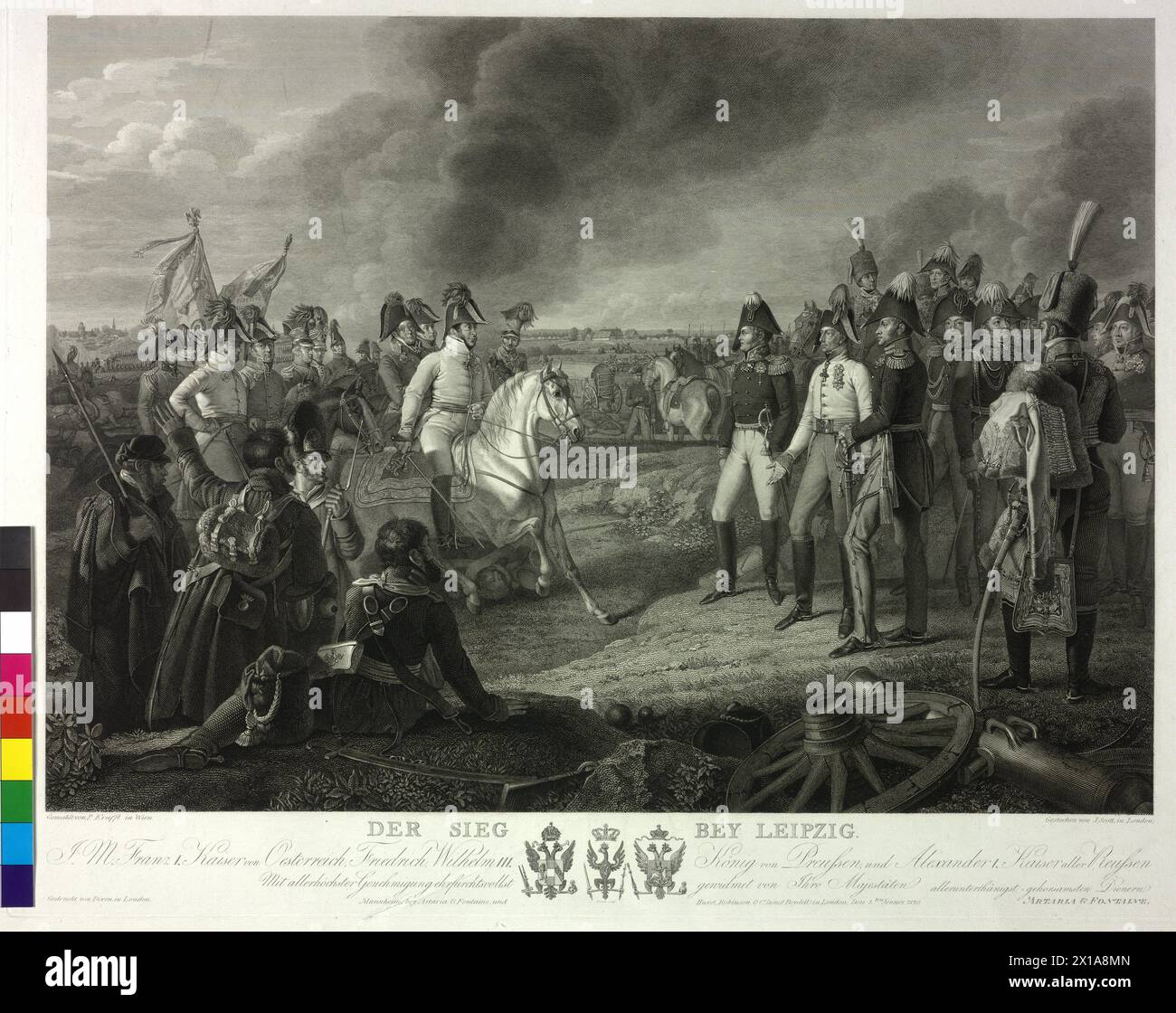 Battle of Leipzig, field marshal Charles Philipp prince of Schwarzenberg notify the allies sovereign the victory in the battle of Leipzig (19.10.1813), engraving by John Scott based on a painting by Johann Peter Krafft. crest thrusting from (James / Jack) Girtin. print: Dixon, London. person key page Pk 3003, 413a, 1820 - 18200101 PD0321 - Rechteinfo: Rights Managed (RM) Stock Photo