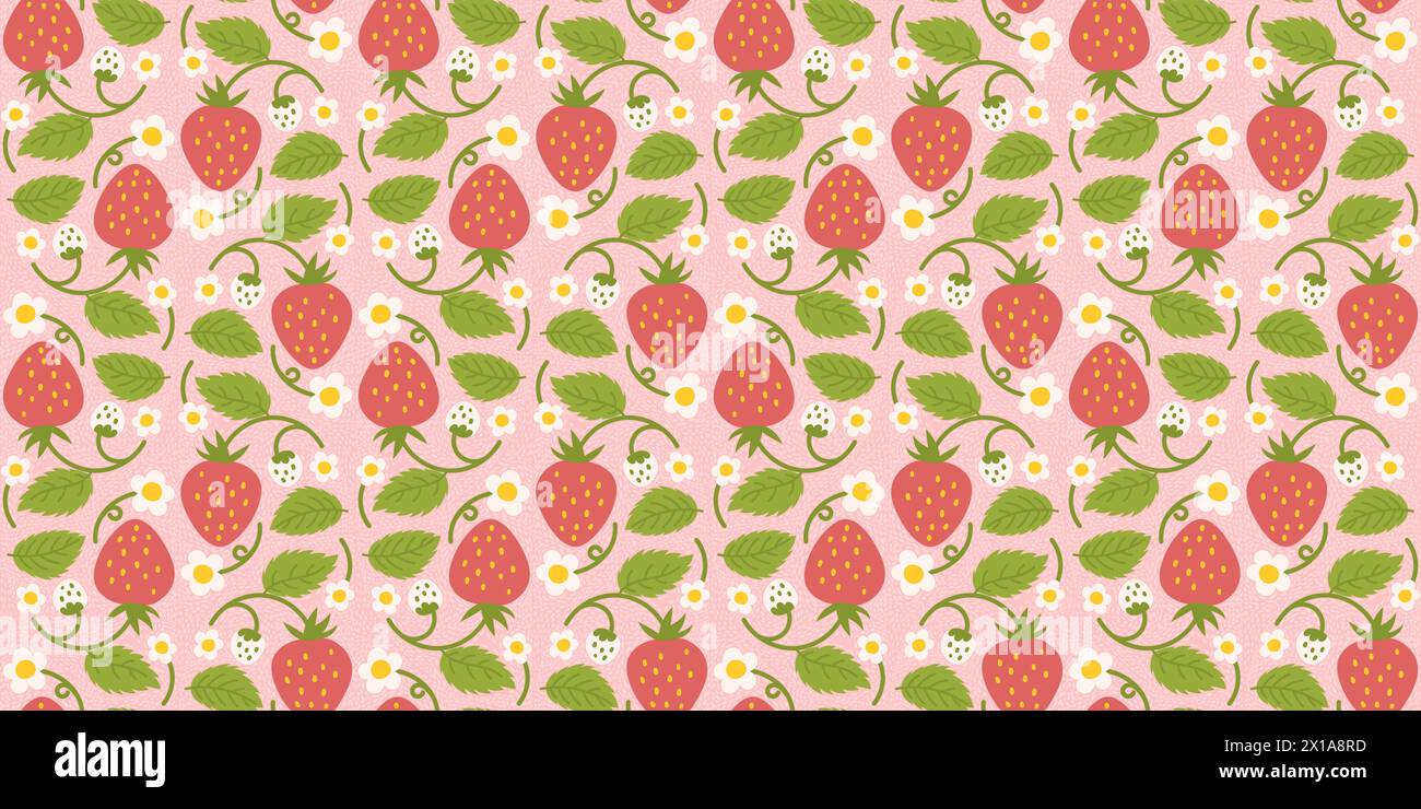 Design of a seamless strawberry pattern with adorable berries, flowers, green leaves. Repeated surface design applicable for clothing, textiles, wrapp Stock Vector