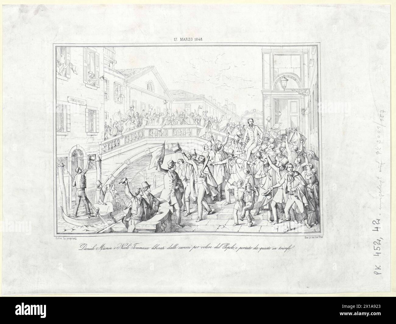 Venice, 17.3.1848, Daniel Mani and Niccolò Tommaseo are celebrated by the people after their release from the dungeon. line lithography by class, 1848 - 18480101 PD1010 - Rechteinfo: Rights Managed (RM) Stock Photo