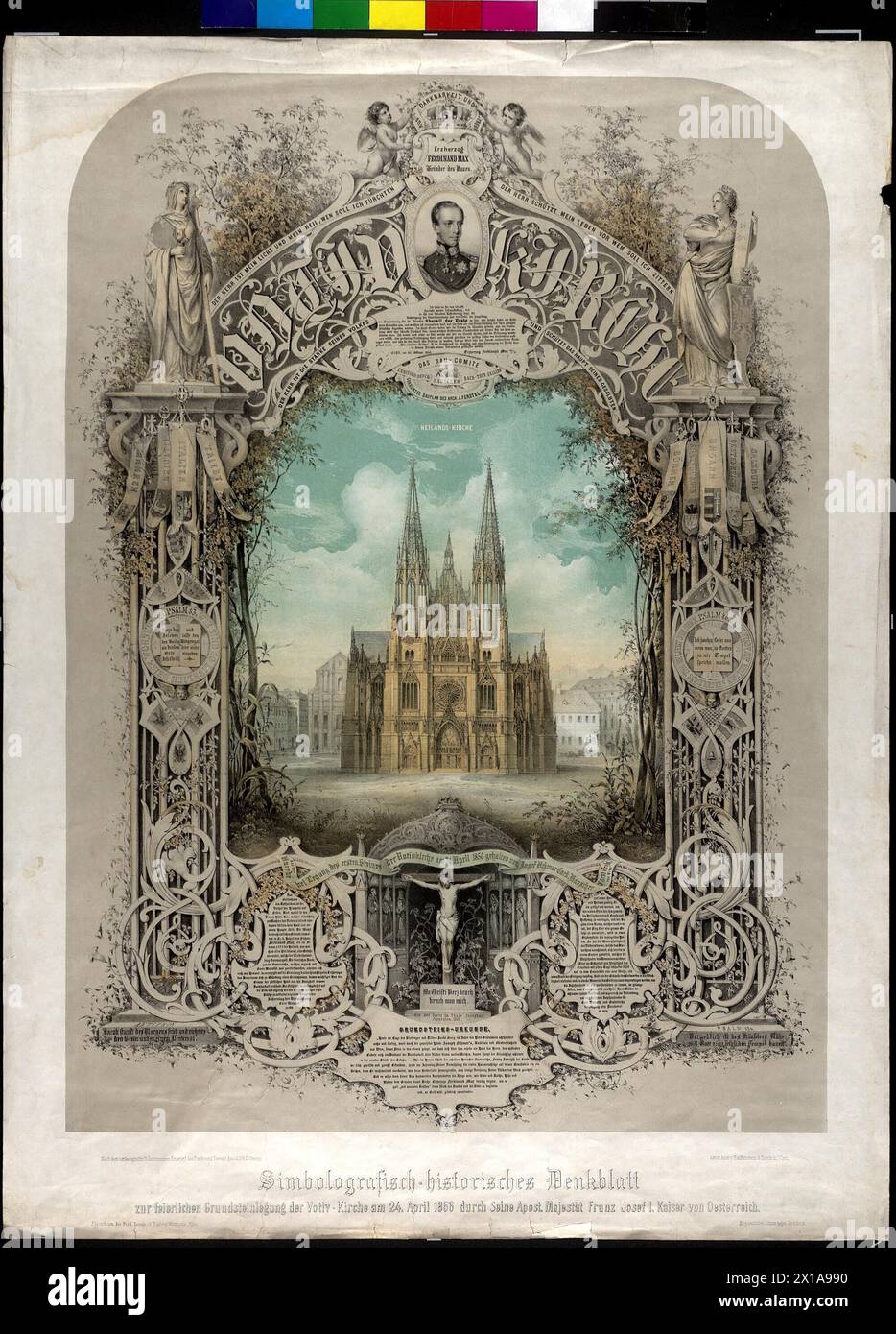 Commemorative paper to the laying of the foundation stone of the votive church in Vienna at 24.4.1856 by emperor Franz Joseph I, view of the of Harry von Ferstel schedule votive church in proliferative ornamented converting to Gothic border. in this health himself the portrait of the founder archduke Ferdinand Maximilian, the statue of the allegory of the Glauens and of the Austria, the flags and coat of arms of the Kronlaender and singular cities, as soon as a crucifix. furthermore were many text on the midrib, as psalm or the speech of cardinal tremolo on the occasion of of the laying of the Stock Photo