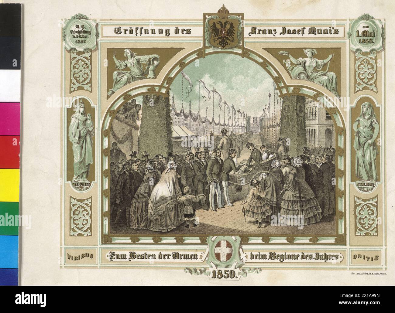 Vienna, opening of the Franz Josefs-Kai (Josef Quay), colour lithograph 1859. print lithographic artist. studio H. ENGEL-Wien, 01.05.1858 - 18580501 PD0002 - Rechteinfo: Rights Managed (RM) Stock Photo
