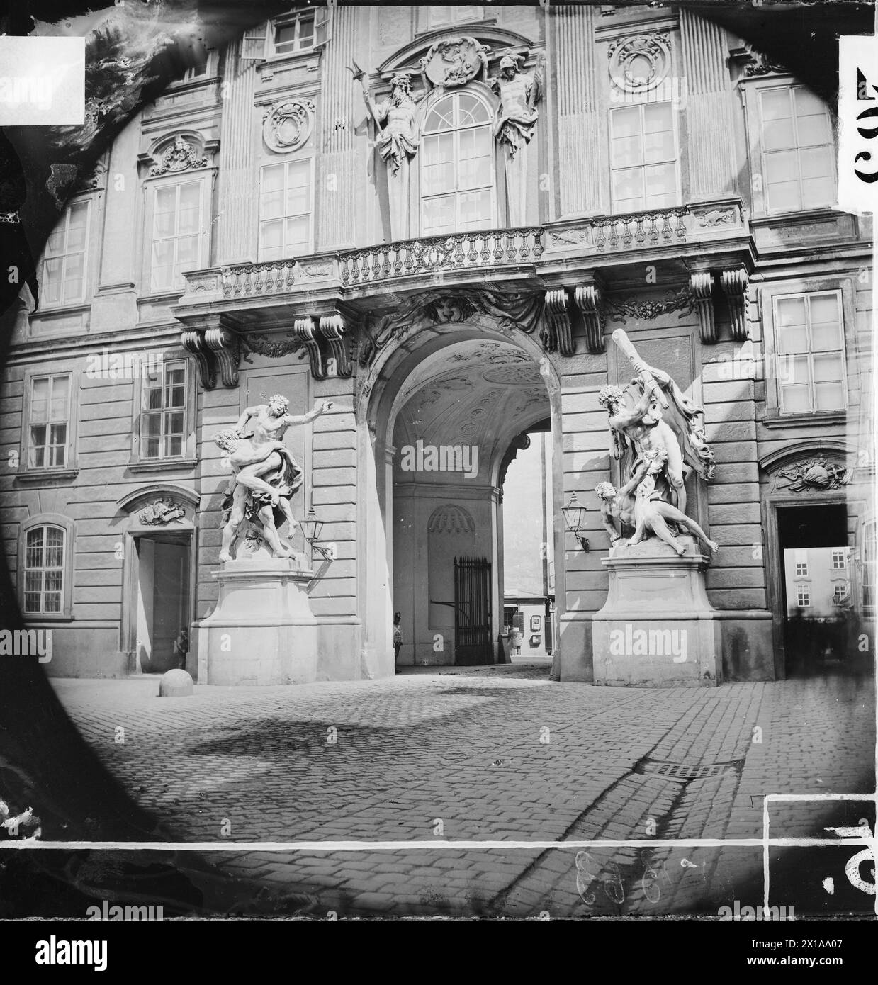 Wing of the imperial chancery, southeastwardly side portal, Vienna I, . Hofburg Palace, wing of the imperial chancery: southeastwardly side portal with Hercules groups of Lorenzo Matielli (1728/29), rearward the vista the unfinished cupola rotunde, view circa 1874, 1874 - 18740101 PD0063 - Rechteinfo: Rights Managed (RM) Stock Photo