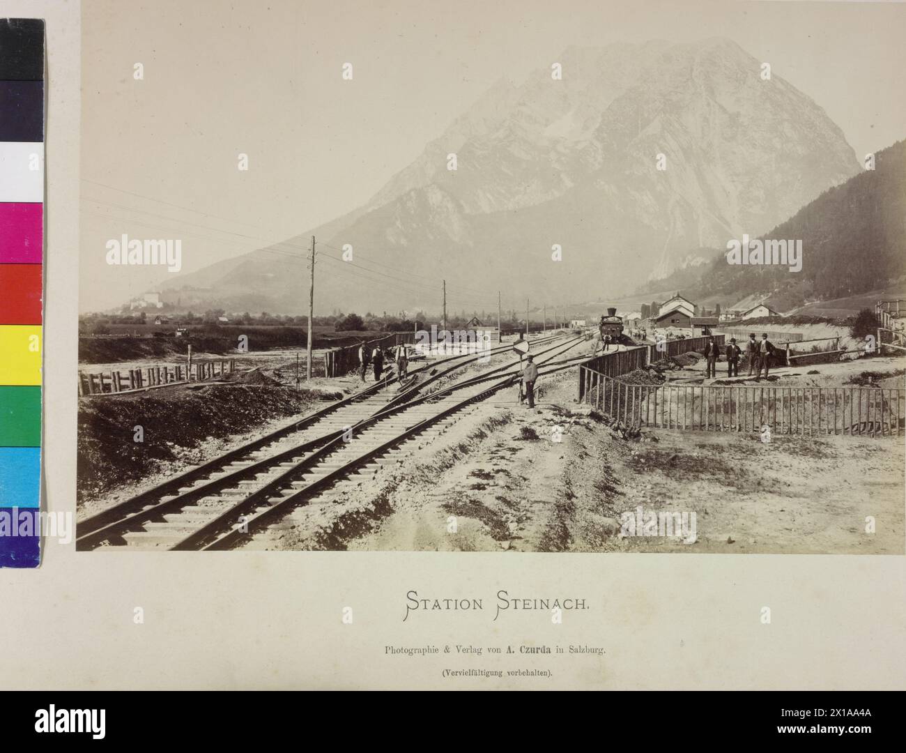 Railroad construction near Steinach, view of the jobs at station area Steinach in front of the Grimming (peak) near Irdning, title: 'Station Steinach', 1877 - 18770101 PD0030 - Rechteinfo: Rights Managed (RM) Stock Photo