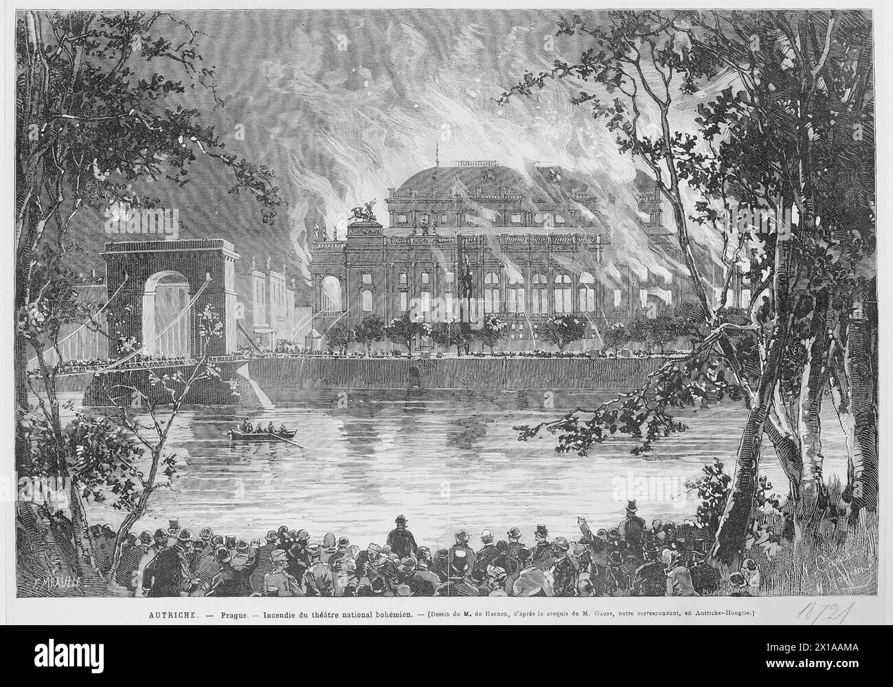 Prague, Czech national theatre, fire at 12th August 1881: view from the oppositely Vltava riverside. wood engraving based on drawing by de Haenen, go back on vignette by William worst case scenario, 1881 - 18810101 PD0222 - Rechteinfo: Rights Managed (RM) Stock Photo