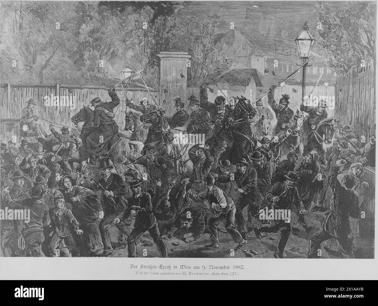 Vienna 7, new house, supression of a revolt of riot by the horsewoman ...
