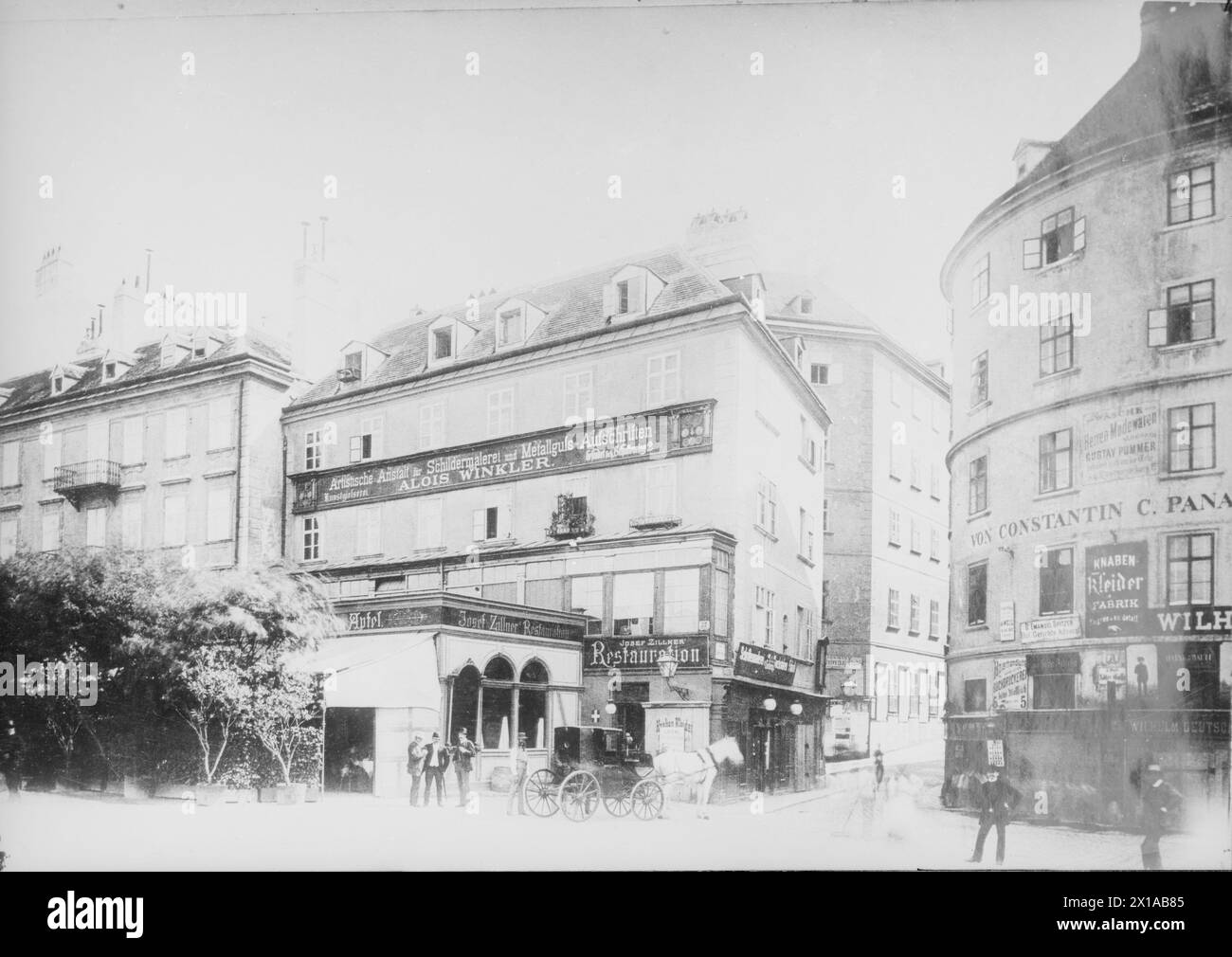 Vienna 1, Schwedenplatz (Schweden Square), view of the corner house at Schwedenplatz (Schweden Square) to the Laurenzerberg (peak), on the left the house 'Zum roten Apfel' (middle of the 90s years through the 'Hotel Siller' supplant), on the right the Panad almshouse Laurenzerberg (peak), 1884 - 18840101 PD0123 - Rechteinfo: Rights Managed (RM) Stock Photo