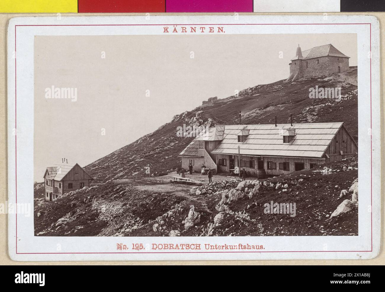 Dobratsch (peak), The boarding house at mountainside with outhouse and church, 1885 - 18850101 PD0197 - Rechteinfo: Rights Managed (RM) Stock Photo