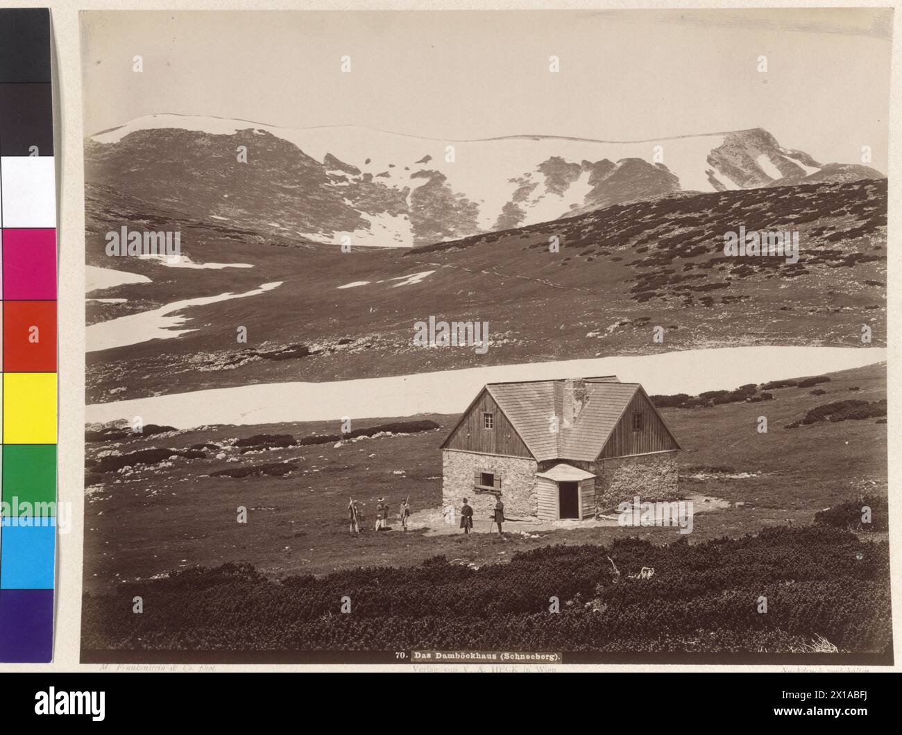 The Schneeberg, mountain cabin Damboeckhaus (Damboeck House) at Schneeberg, on the left: Klosterwappen (peak), on the right: Kaiserstein (peak), V. A. Heck Publishing House, 1885 - 18850101 PD4217 - Rechteinfo: Rights Managed (RM) Stock Photo