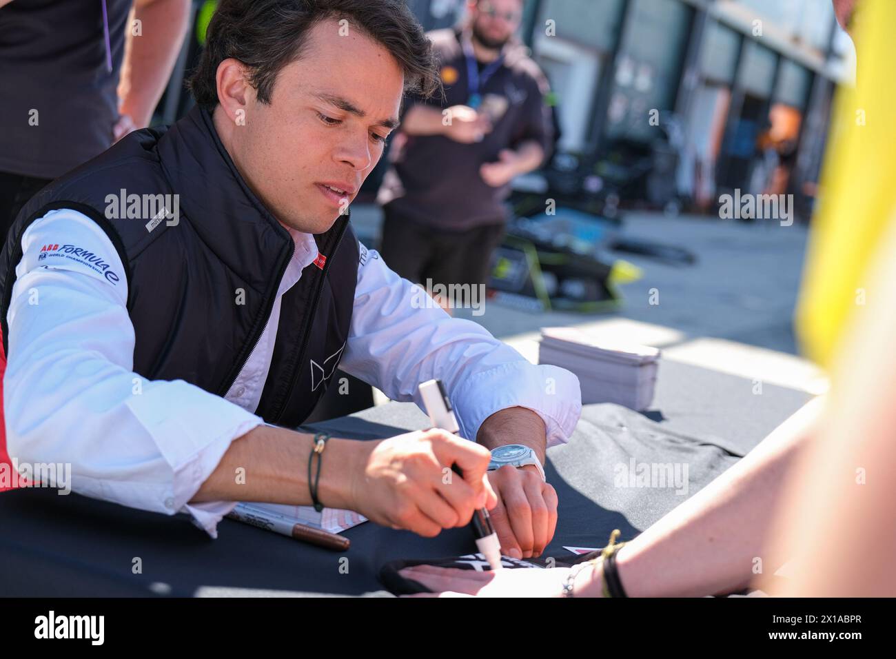 Misano Adriatico, Italy. 14th Apr, 2024. Nyck De Vries of Mahindra Racing during the autograph session at Formula E World Championship Season 10 Pit Line. Credit: SOPA Images Limited/Alamy Live News Stock Photo