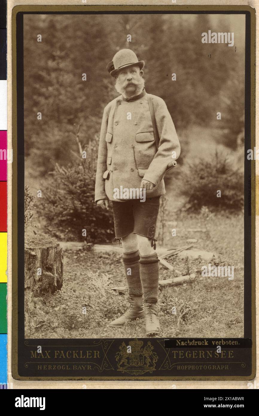 Franz Joseph I, Emperor of Austria, Franz Joseph I in hunting clothes with rifle (on the left shouldered) in the forest. blind stamp r and: 'A. F. Czihak, Wien'. marketing through Max Fackler, Tegernsee, 1888 - 18880101 PD1637 - Rechteinfo: Rights Managed (RM) Stock Photo