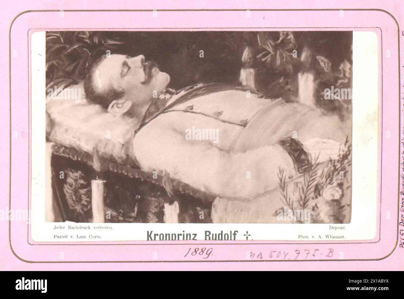 Laying out of the crown prince Rudolf, laying out of the crown prince Rudolf without bandage. later on add on gunshot wound (white shade) on the forehead. photo-optical reproduction of A callus based on pastel from Late Corte. Carte de cabinett size., 01.02.1889 - 18890201 PD0003 - Rechteinfo: Rights Managed (RM) Stock Photo