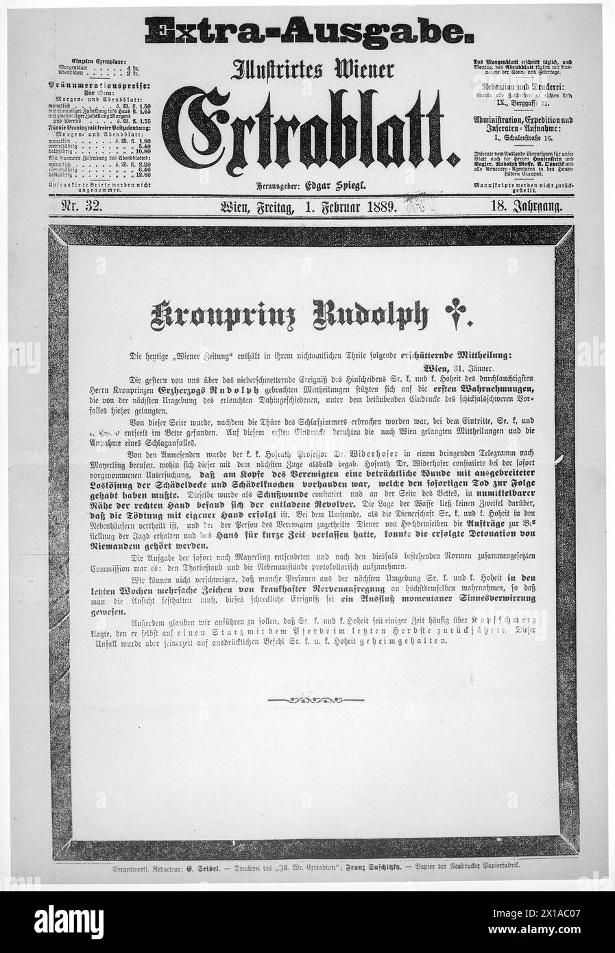 Rudolf, crown prince of Austria, extra of the "Illustrierten Extrablattes" from the 1.2.1889: but suicide., 01.02.1889 - 18890201 PD0004 - Rechteinfo: Rights Managed (RM) Stock Photo