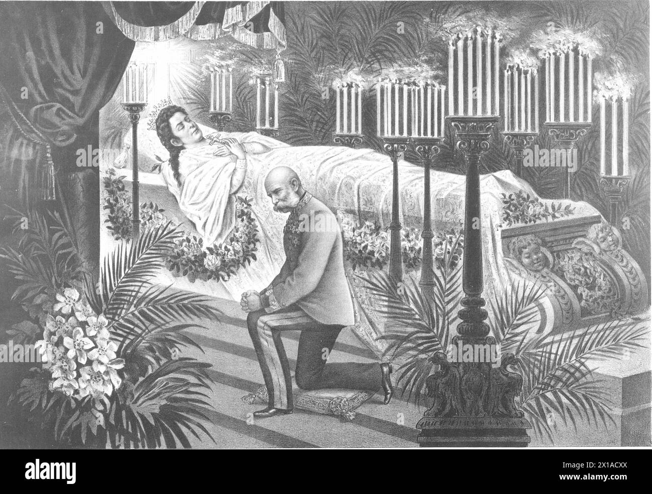 Elisabeth, empress of Austria [1837-1898], emperor Franz Joseph I in front  of the open coffin with Elisabeth, empress of Austria kneeling. lithograph  print Steinmann and Heitz-Wien (1898), 1898 - 18980101 PD0680 -