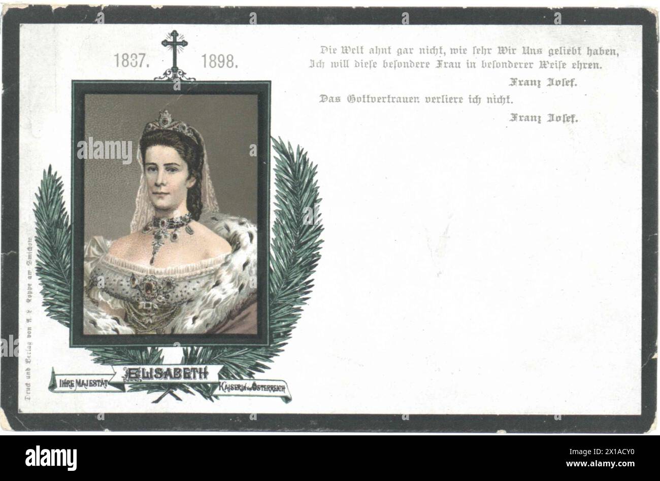 Empress Elisabeth commemorative sheet, postcard with image by empress Elisabeth based on photograph by Ludwig Angerer. print and publishing house Koppe., 1898 - 18980101 PD0664 - Rechteinfo: Rights Managed (RM) Stock Photo