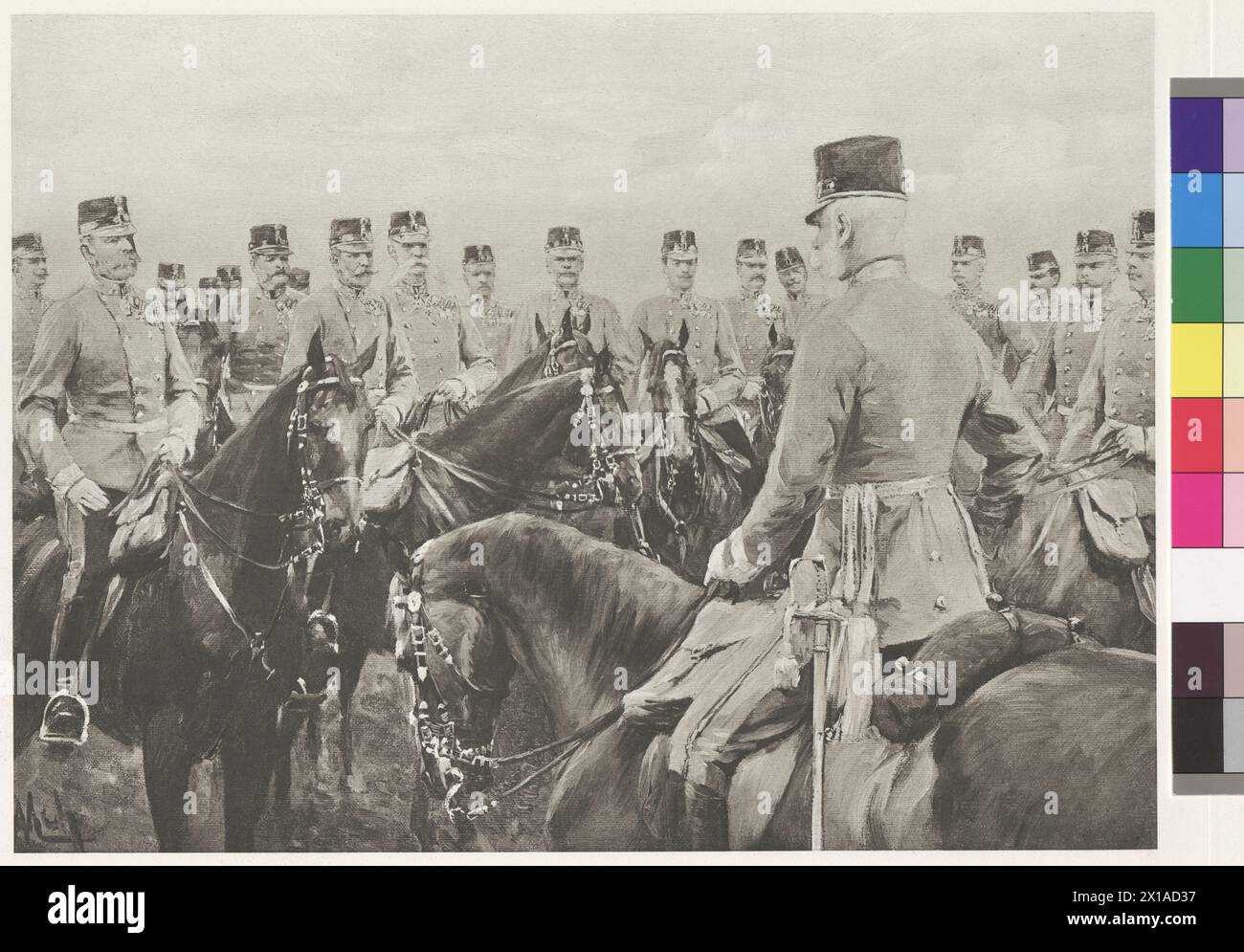 Military meeting, Emperor Franz Joseph I on horse, surround by general's suite, at a meeting based on a maneuver. photoengraving based on painting by Felician Baron von Myrbach. precise figure code available from briefcase: 'Kaiserbilder', literary institute cosmos, Vienna-Leipzig-Budapest (briefcase with 28 heliogravures based on paintings), - 18980101 PD2767 - Rechteinfo: Rights Managed (RM) Stock Photo