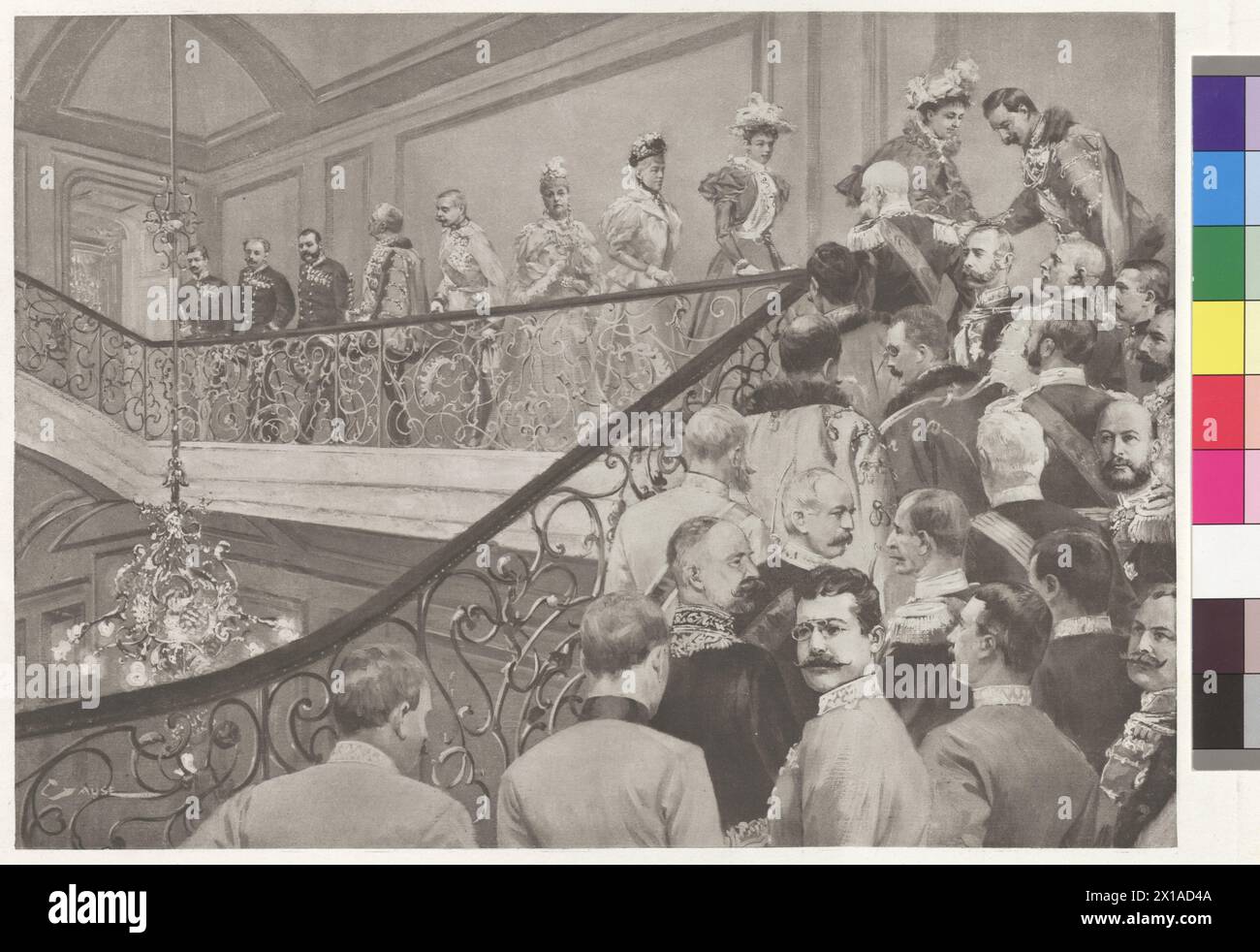 The archduchess receiving emperor William II at the Schwarzen-Adlerstiege, visitation emperor William II in Vienna of 22.-.21.4.1897, welcome in the Hofburg Palace at the Schwarzen-Adlerstiege, emperor William II in gala uniform in Hungarian adjustment greeting archduchess Blanca. emperor Franz Joseph I in Prussian uniform (back figure), photoengraving based on painting by Wilhem Gause. with person key (at Pk 2837, 7a), from portfolio: 'Kaiserbilder', literary institute universe, Vienna-Leipzig-Budapest (portfolio with 28 heliographys based on paintings), 1898 - 18980101 PD2846 - Rechteinfo: R Stock Photo