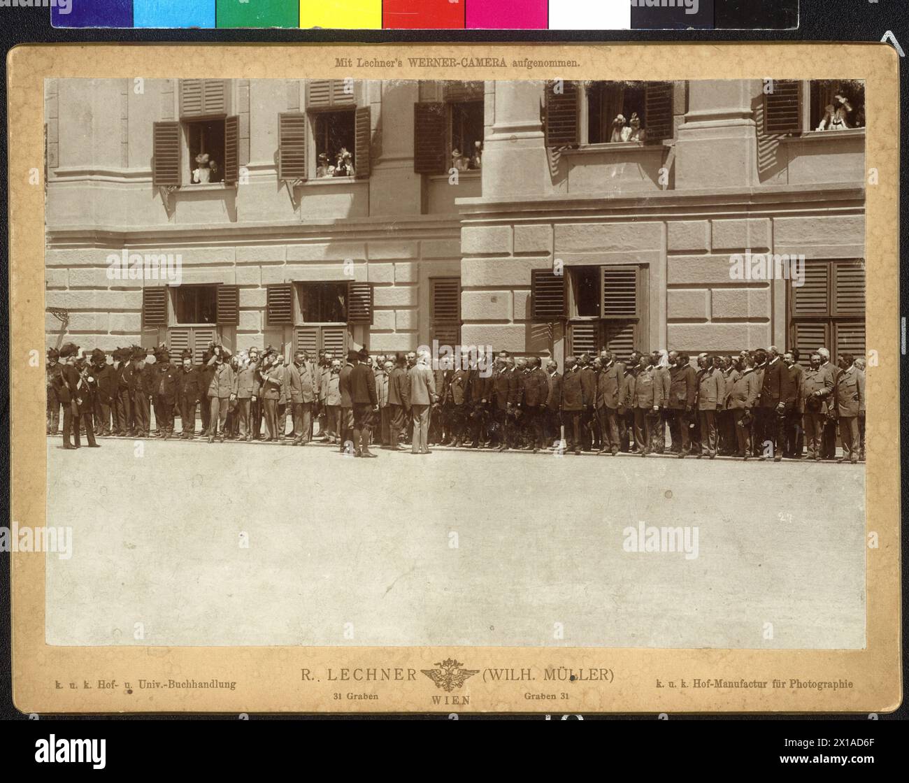 Homage of the Austrian huntsmen for emperor Franz Joseph I in Schoenbrunn, Franz Joseph is of the group of the hunter in front of the garden facade of the palace count Hans von Wilczek present., 25.06.1898 - 18980625_PD0019 - Rechteinfo: Rights Managed (RM) Stock Photo