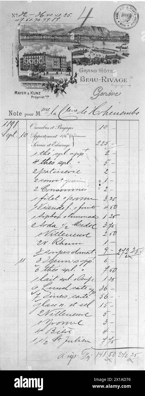 Hotel bill from the last sojourn of empress Elisabeth, account of the Genevan Grand hotels Beau-Rivage, the last domicile of empress Elisabeth, on view under their assumed name 'Comtesse von Hiohenembs' at day hers murder 10.09.1898., 10.09.1898 - 18980910 PD0006 - Rechteinfo: Rights Managed (RM) Stock Photo
