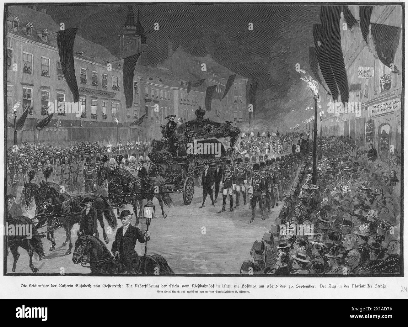 Funeral reception for empress Elisabeth, transfer of the dead body from Westbahnhof raiwlay station in Vienna to the Hofburg Palace in the evening of the 15th September: The move in the Mariahilferstrasse, drawn from Hotel Krantz by Emil Limmer, - 18980915 PD0001 - Rechteinfo: Rights Managed (RM) Stock Photo
