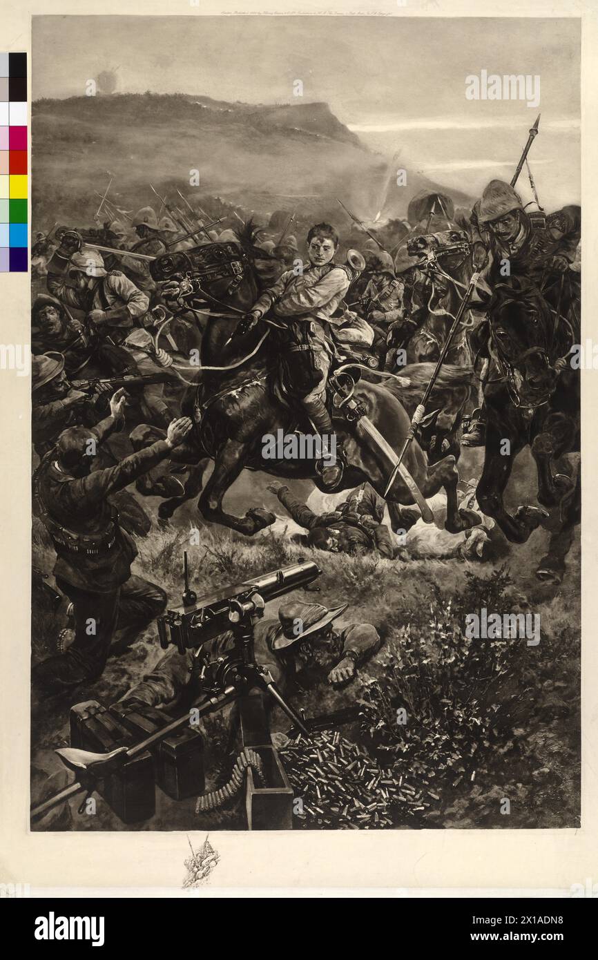 Cavalry attack, second Boer War 1899-1902: attack British cavalry against of a machine gun position of the Boers. heliography based on a painting by Richard Caton Woodville, sign and dated 1900, 1900 - 19000101 PD172929 - Rechteinfo: Rights Managed (RM) Stock Photo