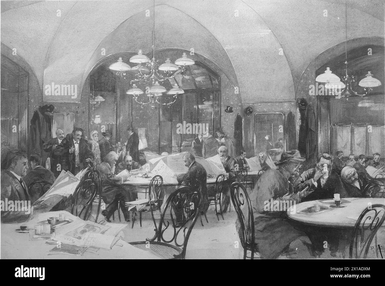 Vienna 1, cafe Griensteidl, interior view with guests. lithograph (?) of Rudolf Voelkel, 1900 - 19000101 PD56075 - Rechteinfo: Rights Managed (RM) Stock Photo