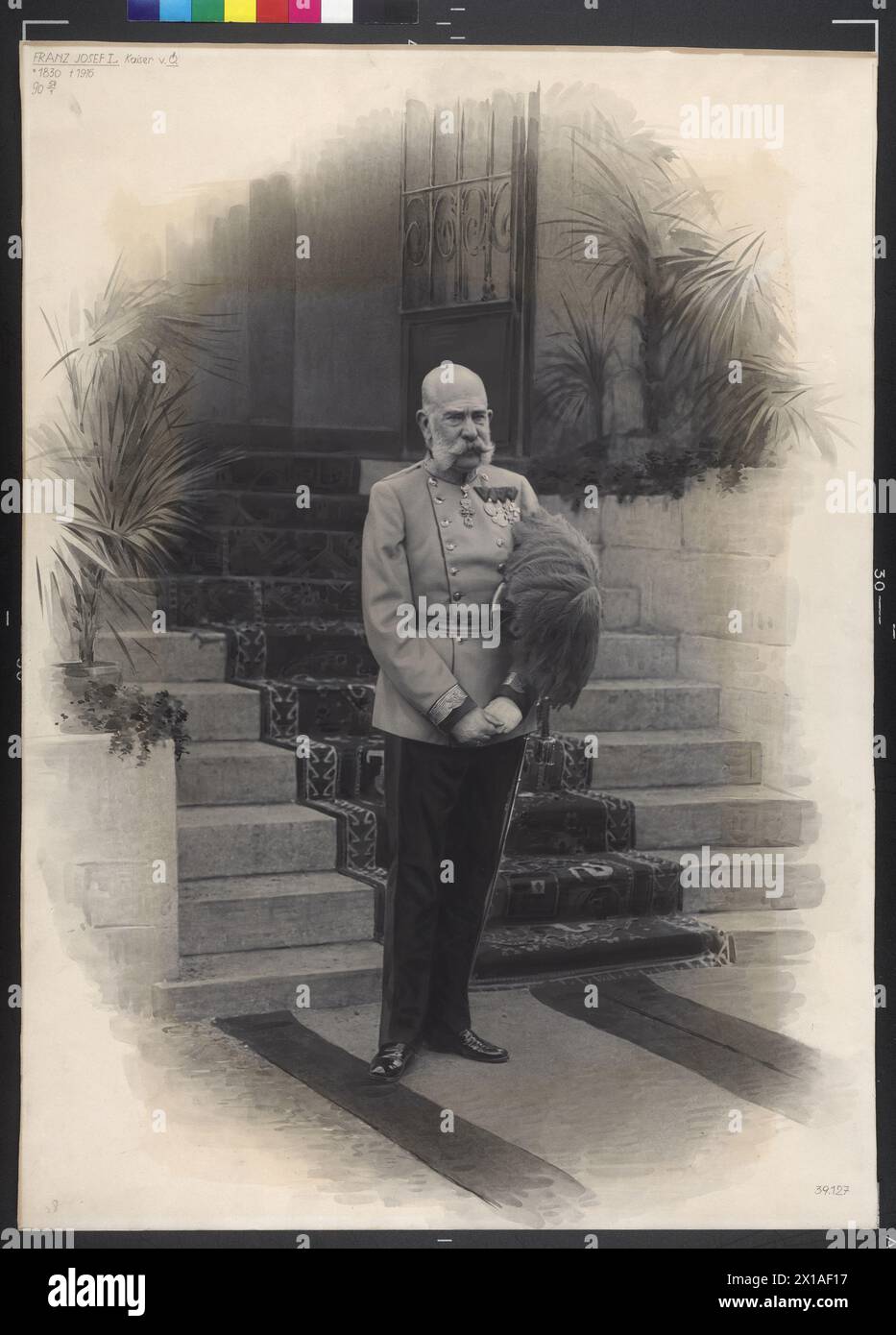 Emperor Franz Joseph I in the old in the uniform a field marshal, whole figure on the base a with carpets busy stairs standing, semit on the right. subtraction a photograph by Charles Triebel, halfway as watercolour paint over, at unite positions with highlight heightened., 1905 - 19050101 PD7774 - Rechteinfo: Rights Managed (RM) Stock Photo