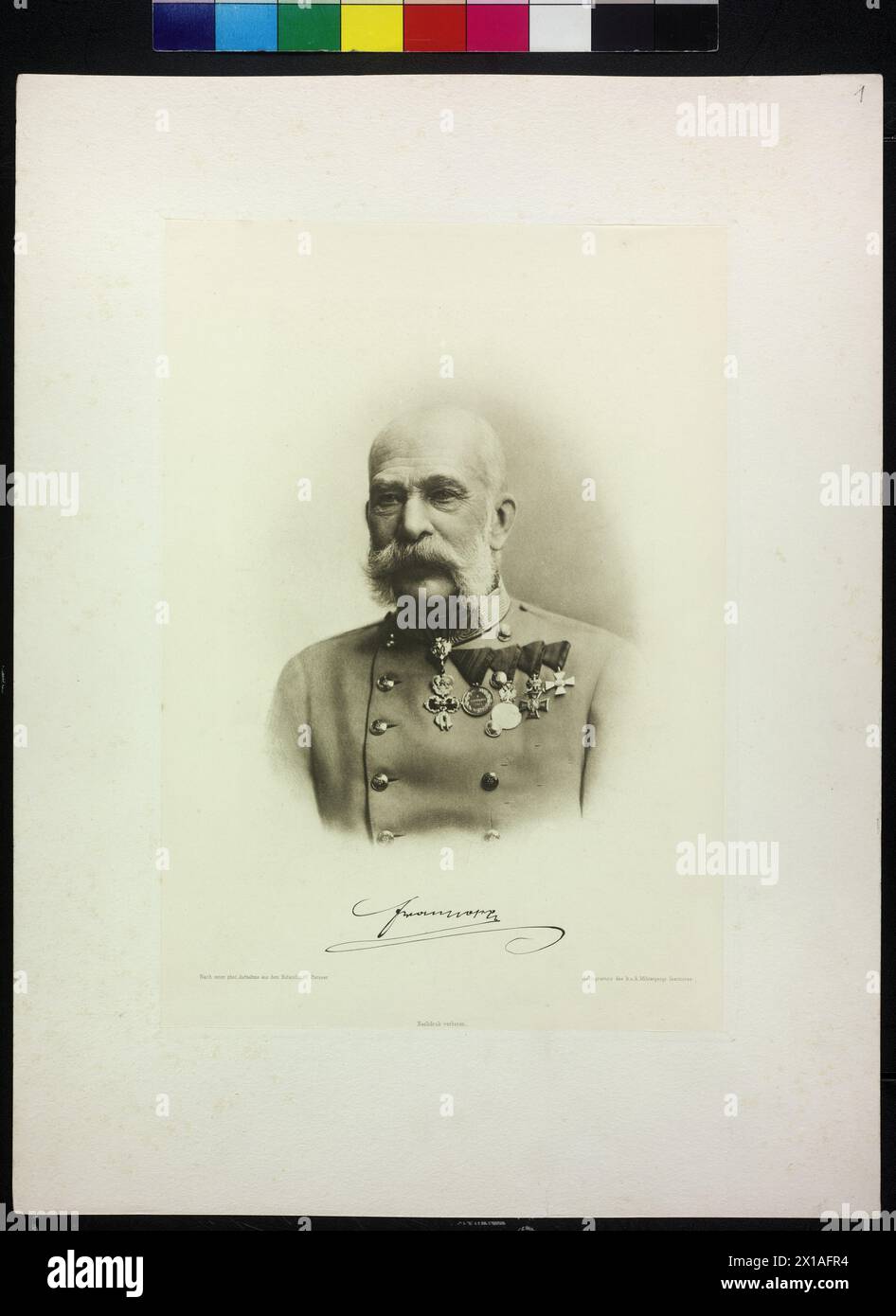 Franz Joseph I, Emperor of Austria, picture uniformed, with fleece and little vestment. photoengraving of the Imperial and Royal military geographical institute based on photography by Carl Pietzner. facsimile of the signature (in briefcase with photoengravings based on photograph from different members of the imperial house), - 19080101 PD3942 - Rechteinfo: Rights Managed (RM) Stock Photo
