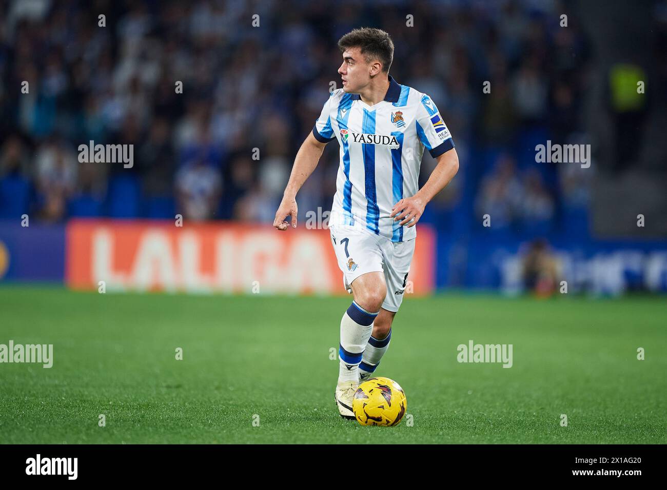 Ander Barrenetxea of Real Sociedad with the ball during the LaLiga EA Sports match between Real Sociedad and UD Almeria at Reale Arnea Stadium on Apri Stock Photo