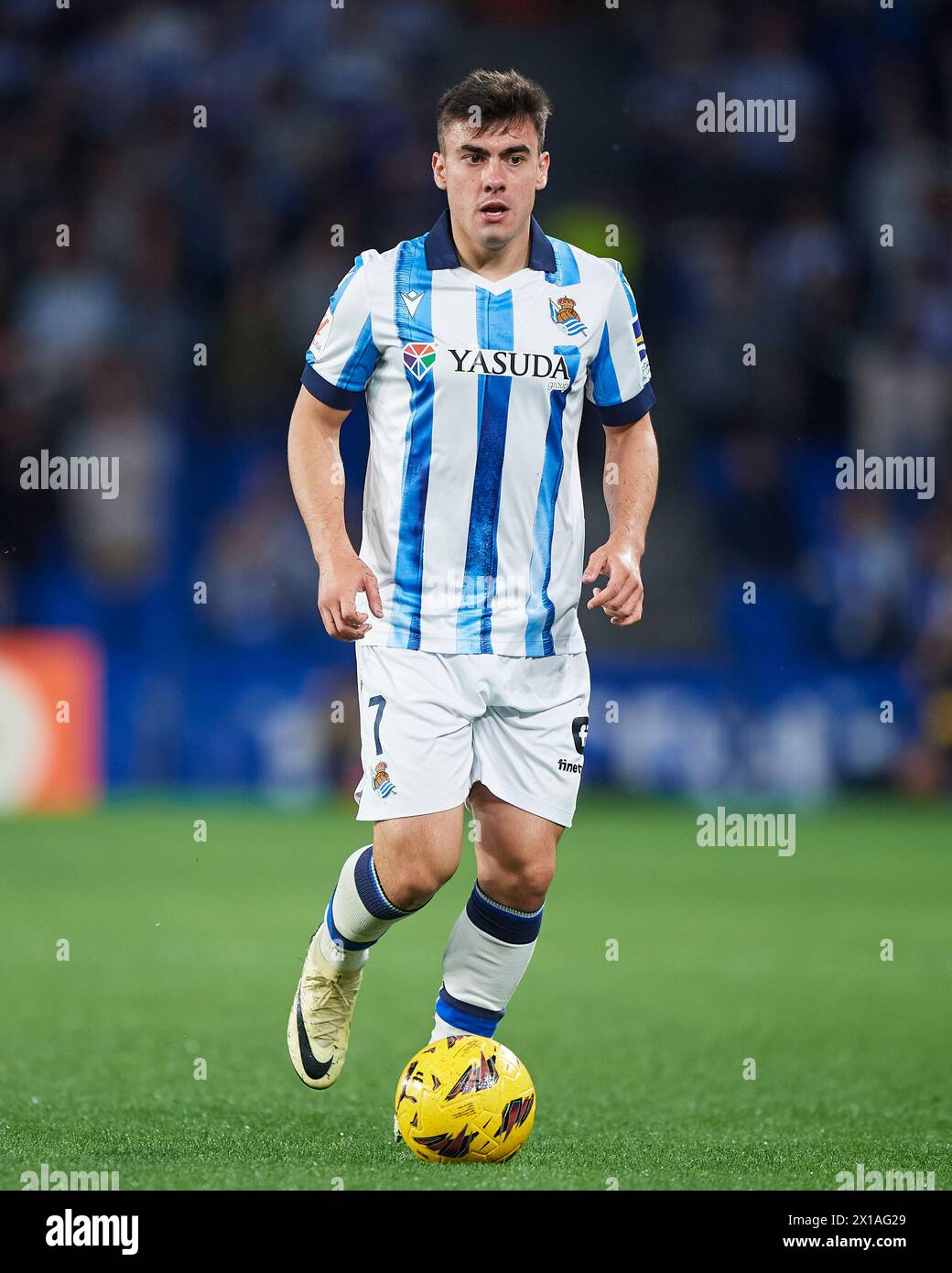 Ander Barrenetxea of Real Sociedad with the ball during the LaLiga EA Sports match between Real Sociedad and UD Almeria at Reale Arnea Stadium on Apri Stock Photo