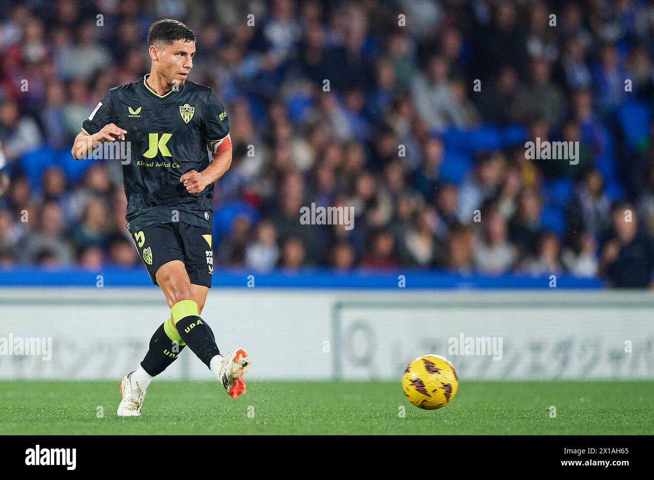 Lucas Robertone of UD Almeria with the ball during the LaLiga EA Sports match between Real Sociedad and UD Almeria at Reale Arnea Stadium on April 14, Stock Photo