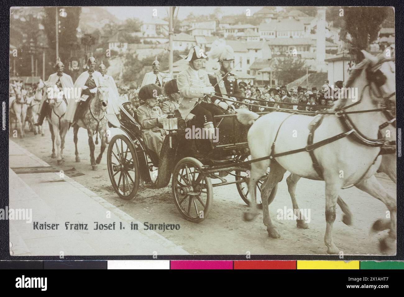 Journey of Franz Joseph I, Emperor of Austria, through Bosnia and Hercegovina 30.5.1910 - 3.6.1910, Sarajevo: The emperor vacate with local ruler Varesanin outside car the city hall. postcard to negative from the journey of the emperor, detail, cull in the album 'Momentbilder of Sarajevo and Mostar 1910. from the studio Fachet, Vienna XIX. ', 31.05.1910 - 19100531 PD0012 - Rechteinfo: Rights Managed (RM) Stock Photo