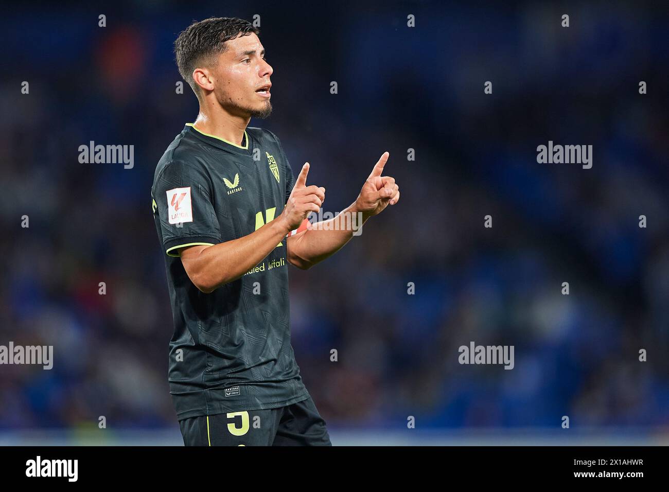 Lucas Robertone of UD Almeria looks reacts the LaLiga EA Sports match between Real Sociedad and UD Almeria at Reale Arnea Stadium on April 14, 2024 in Stock Photo