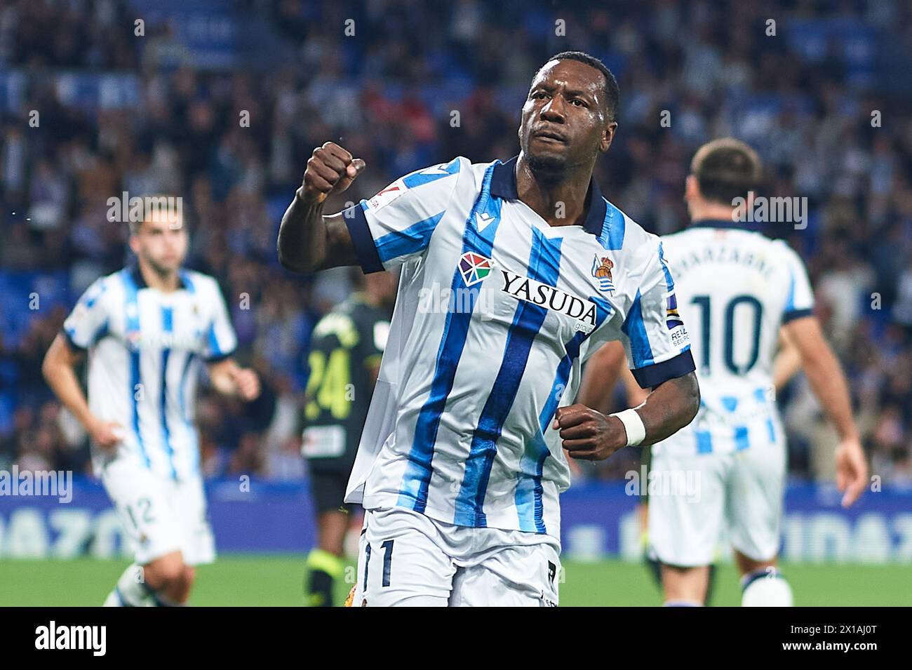Sheraldo Becker of Real Sociedad celebrates after scoring his team's first goal during the LaLiga EA Sports match between Real Sociedad and UD Almeria Stock Photo