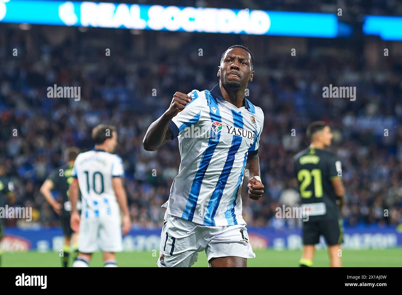 Sheraldo Becker of Real Sociedad celebrates after scoring his team's first goal during the LaLiga EA Sports match between Real Sociedad and UD Almeria Stock Photo