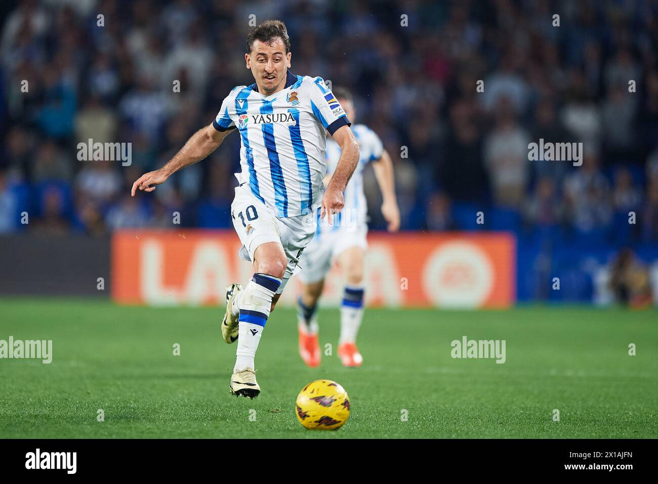 Mikel Oyarzabal of Real Sociedad with the ball during the LaLiga EA Sports match between Real Sociedad and UD Almeria at Reale Arnea Stadium on April Stock Photo