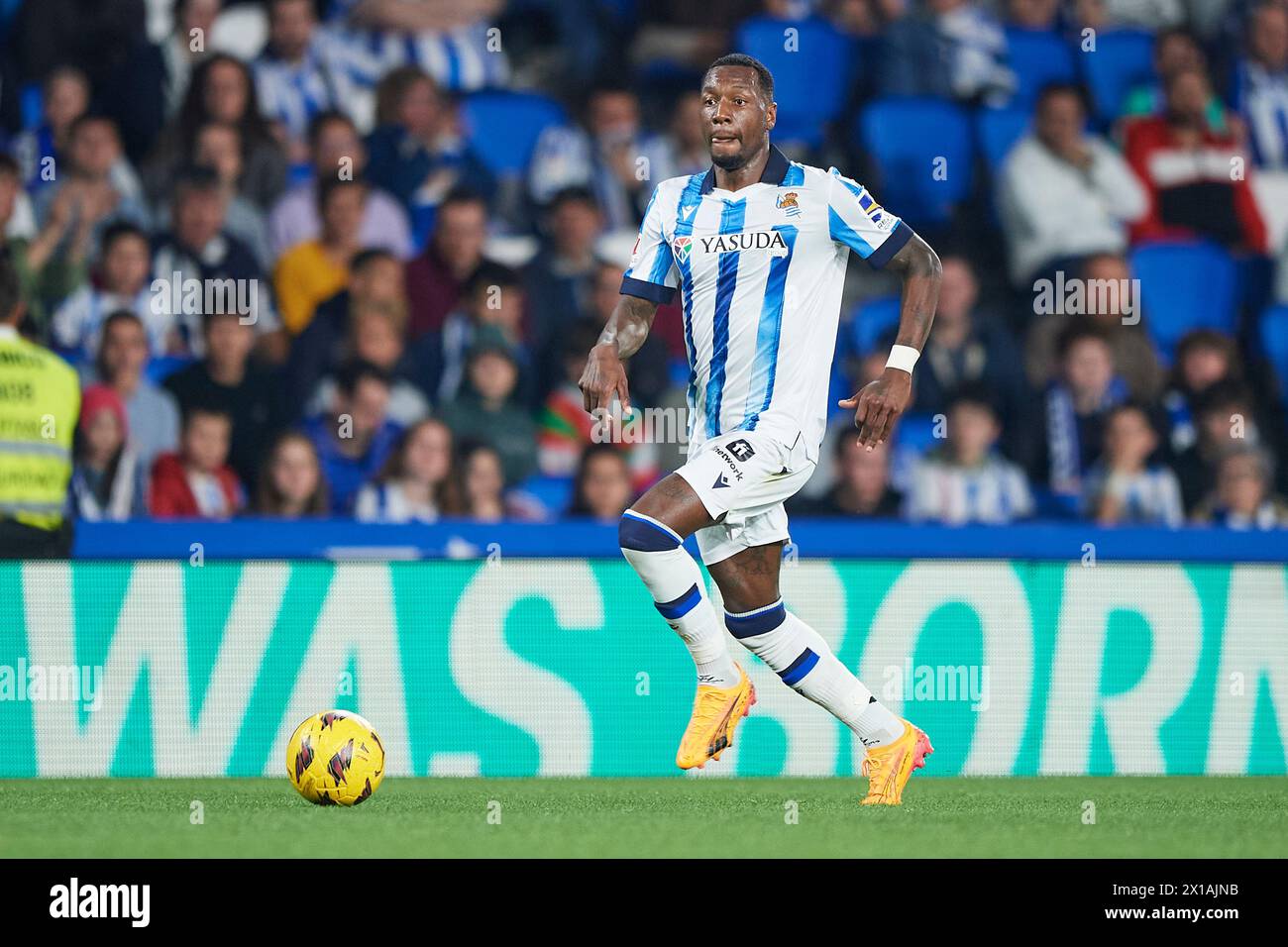 Sheraldo Becker of Real Sociedad with the ball during the LaLiga EA Sports match between Real Sociedad and UD Almeria at Reale Arnea Stadium on April Stock Photo