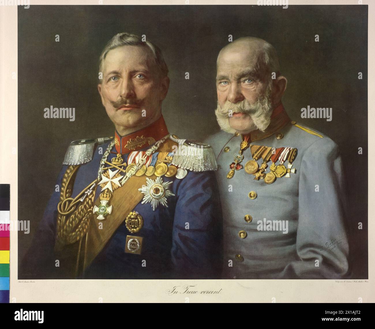 Franz Joseph I, emperor of Austria and William II, German Emperor, double portrait with the saying 'In Treue vereint' colour printing (offset printing) based on a photograph by Emil Bieber, Berlin.  signature in picture: 'E. Bieber, Berlin 1914' publishing house r. Lechner (William miller) Vienna, print by Andreas Krampolek previous owner: k. and k. war archives., 1914 - 19140101 PD8994 - Rechteinfo: Rights Managed (RM) Stock Photo