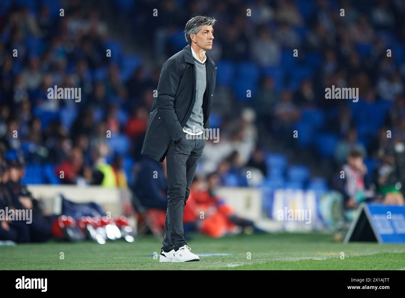 Real Sociedad head coach Imanol Alguacil looks on during the LaLiga EA Sports match between Real Sociedad and UD Almeria at Reale Arnea Stadium on Apr Stock Photo